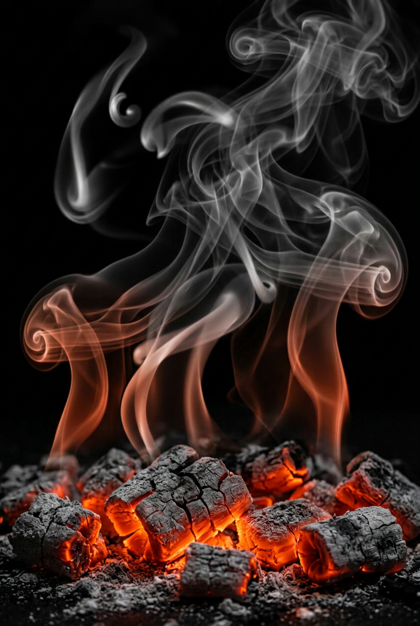 A single plume of white smoke rising against pitch black